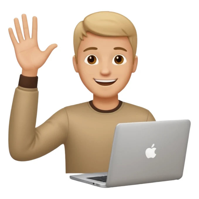 white man with laptop hand up hello sticker