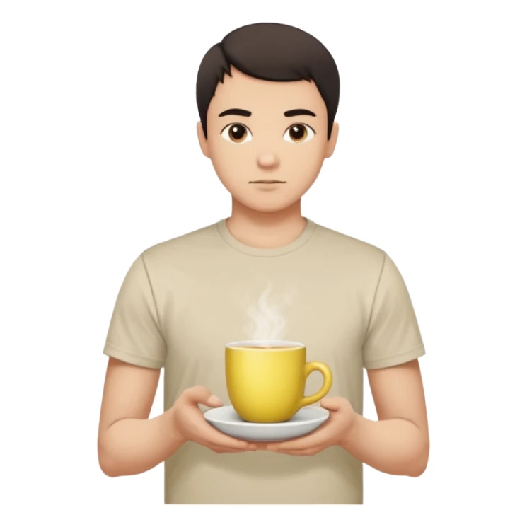 человек с короткими тёмными волосами и круглым лицом. У него спокойное, нейтральное выражение лица, тёмные глаза, аккуратные брови. Он стоит прямо на фоне светлой стены. На нём светлая футболка с небольшим рисунком. В целом образ выглядит простым и аккуратным. В руках чай с лимоном sticker
