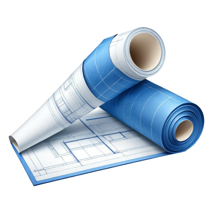 half rolled up blue blueprint plan with white architectural lines, perspective angle sticker