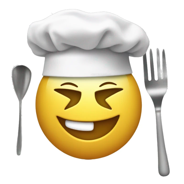 Create a Smiley face with one eye blinking, add a chef's white hat on its head, make the hat big enough, and show two hands where in one hand it is holding a spatula and mixing something in a bowl which is being held in its second hand. sticker