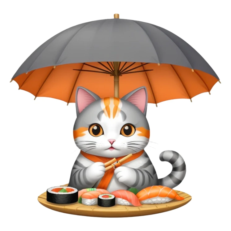 cat eating sushi under an umbrella sticker
