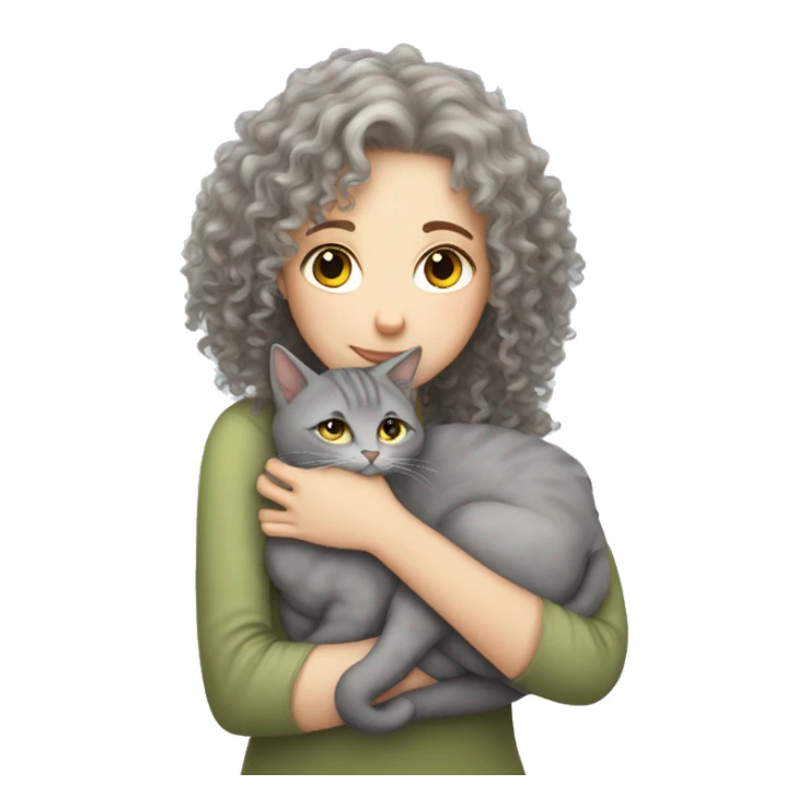 White Girl curly hair cuddling with grey cat sticker