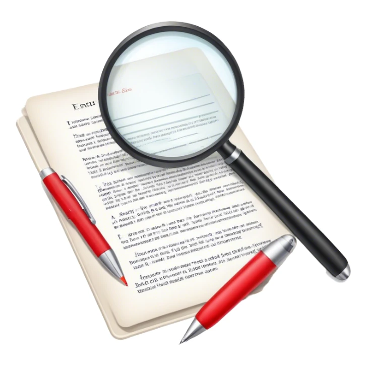 Create an emoji representing editing and proofreading. The design should feature an open document or manuscript with visible text and proofreading marks (such as red underlines or corrections). A red pen or pencil should be placed near the document, symbolizing the act of making edits. Optionally, include a magnifying glass to represent careful review. Use neutral and professional colors like white, black, and red accents to highlight the editing process. Do not include any emojis or smiley faces. Make the background transparent. sticker