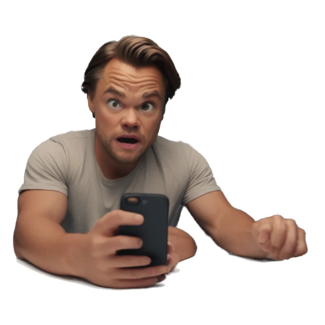 scared leonardo di caprio look at his iphone sticker