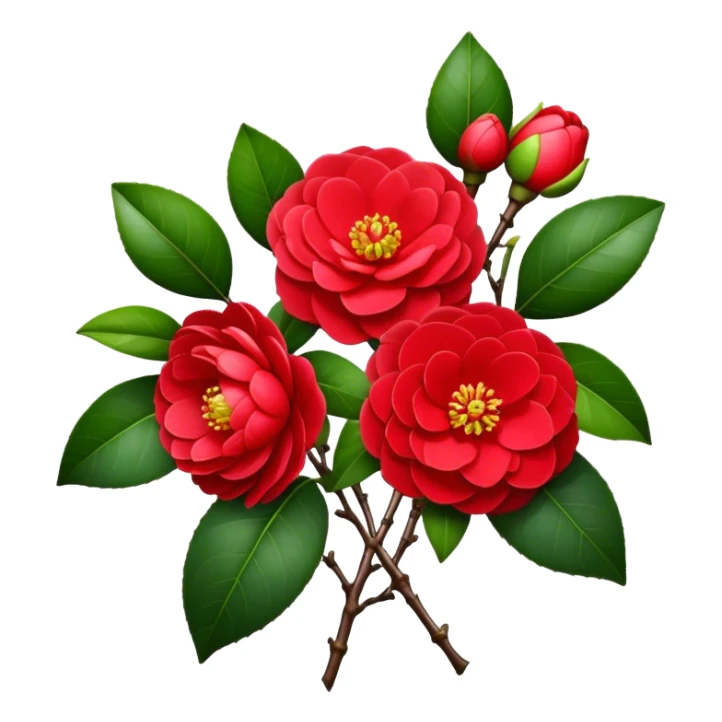 bouquet Red Camellia, luxuriant, stem, leaf, bud sticker