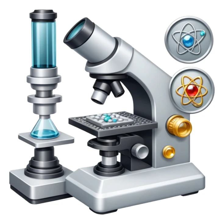 An icon featuring two-ocular electron microscope, a metal alloy, atomic structure symbols, a crystal structure. The design includes different materials like metals, ceramics and polymers, alongside a stamp representing testing and quality control. Transparent background sticker