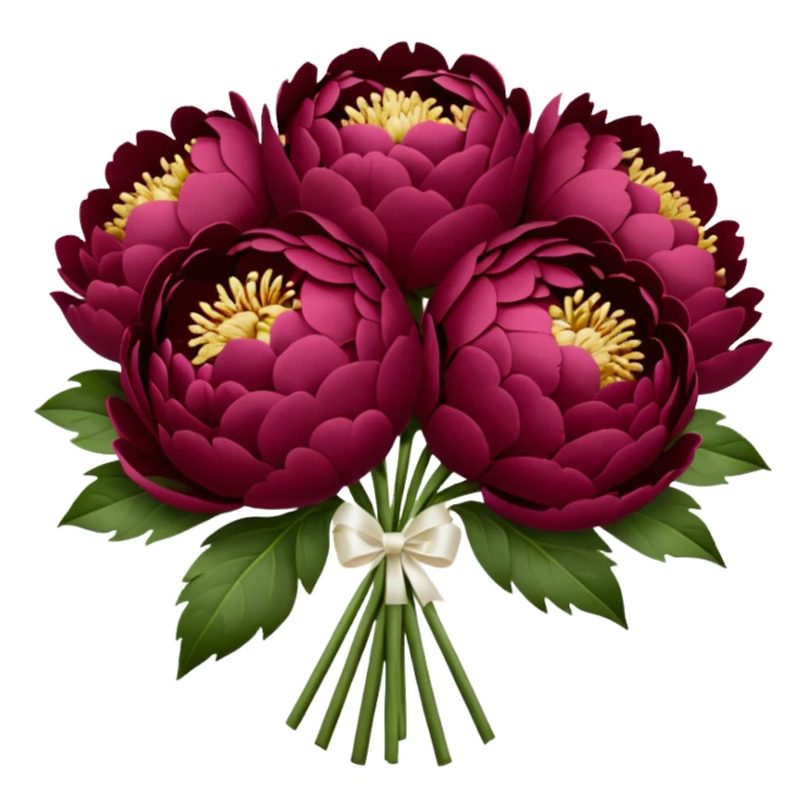 Big bouquet of burgundy peonies with a white satin ribbon sticker