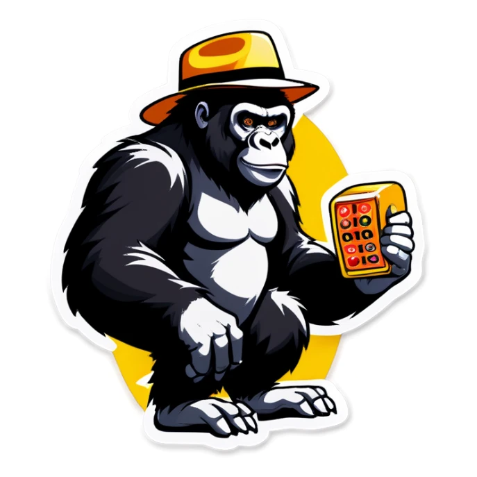 Gorilla playing slot machines with a straw hat sticker