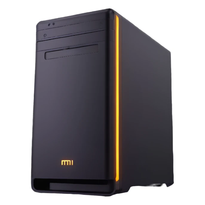 high-end desktop PC with dramatic light beams and glow sticker