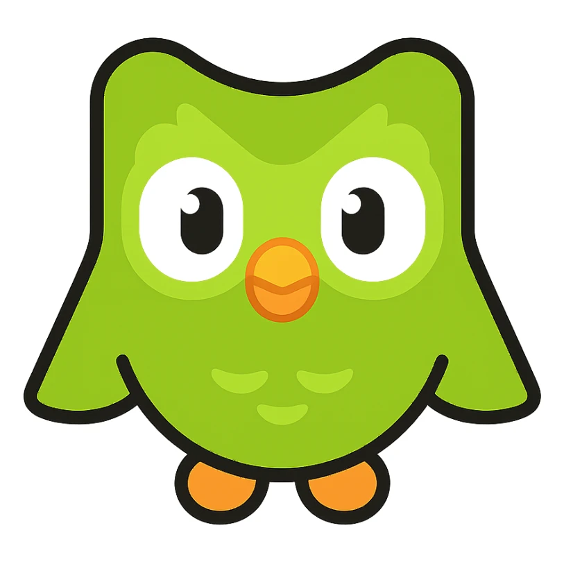Duolingo logo, green owl, bold lines, vibrant colors sticker
