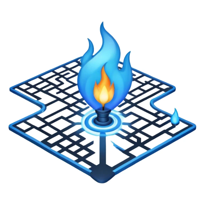 a map with a glowing blue flame on the x and networking paths sticker