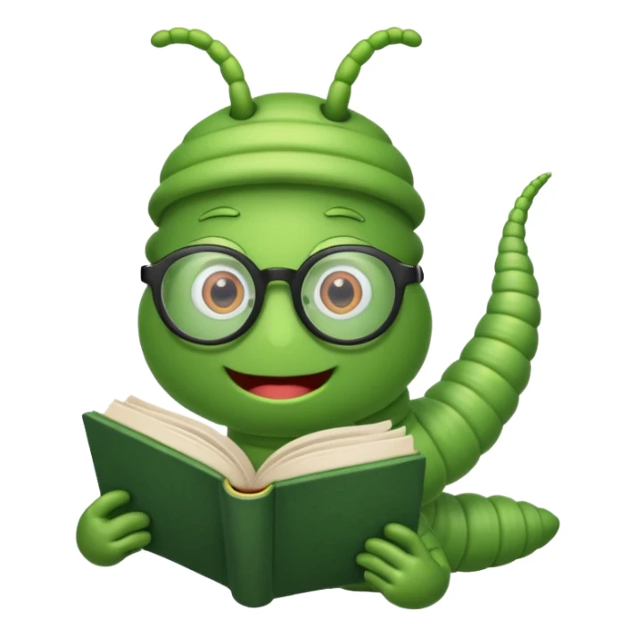green Worm with glasses reading book sticker