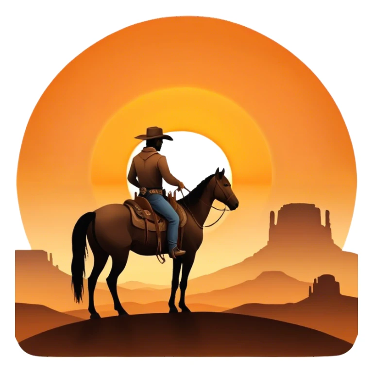 Cowboy riding off into the sunset.  Rear view with cowboy and horse silhouetted against the orange round sun setting on a desert western horizon ahead. sticker