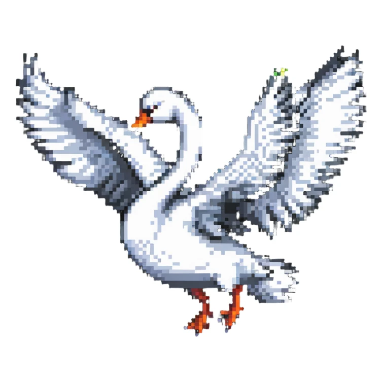 pixel art swan in mid-flight, dynamic pose sticker