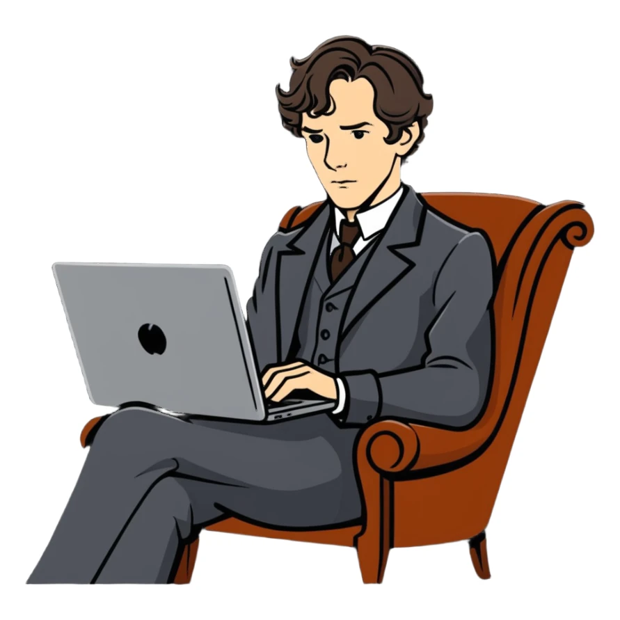 Sherlock Holmes (Benedict Cumberbatch) sits with the laptop sticker