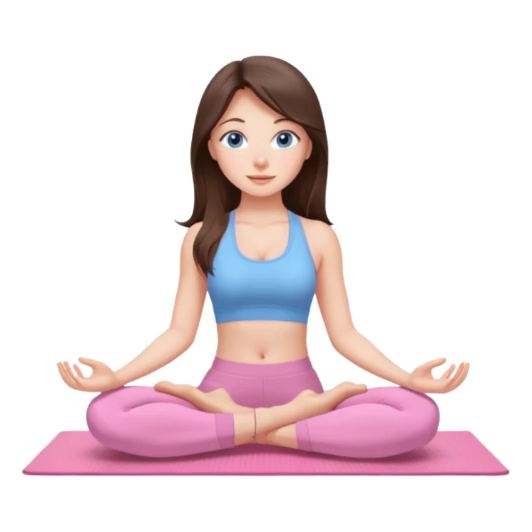 Brunette long hair and blue blue eyes yoga beautiful girl in light pink pink pink clothes sitting on a yoga mat sticker