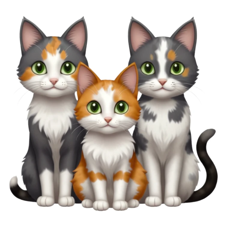 3 different coloured small cats including a dark grey and white, and a patchy calicowith hazel eyes  and a completely solid dark grey with green eyes and only white paws sticker