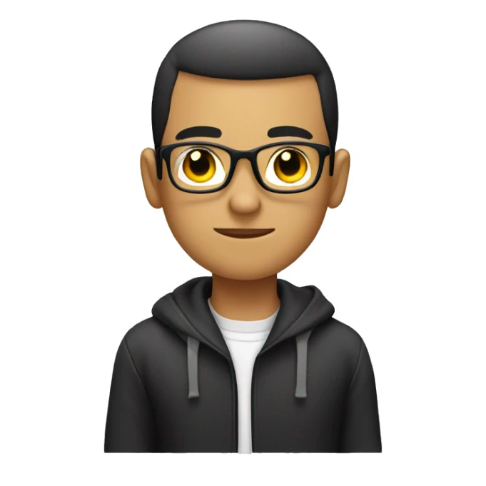 young guy with a black buzzcut, programmer, thinking, glasses sticker