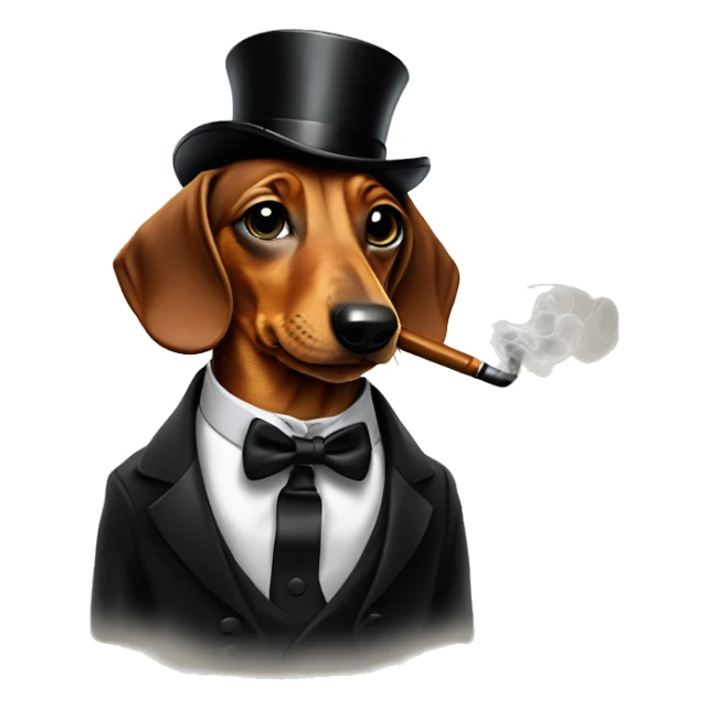 Daschund in a tuxedo smoking a pipe, with a monacle on one eye wearing a tophat sticker