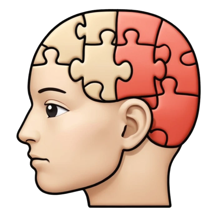 Minimalistic flat vector icon, iOS style, thin black contour on white background. Human head profile with a brain inside, split into puzzle pieces. No text, no shadows. sticker