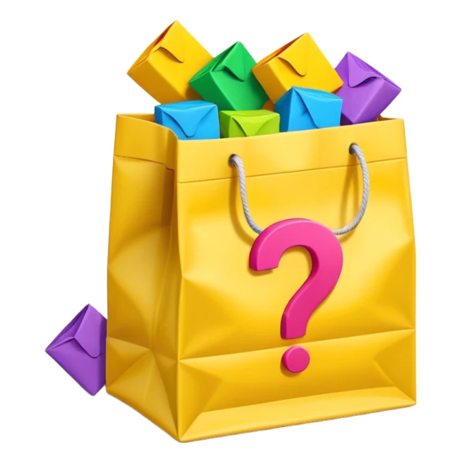 White bag with yellow questions mark cube boxes stuffed in it sticker