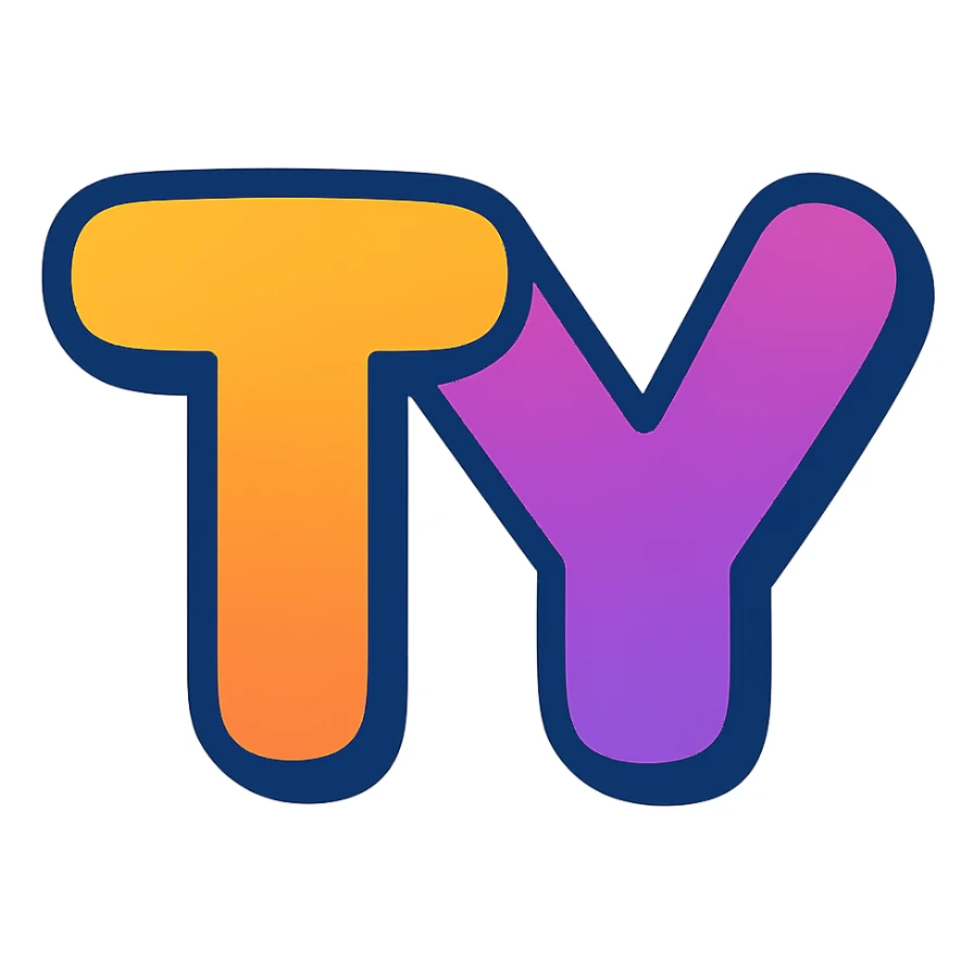 bold TY letters in a rounded, friendly font with gradient color fill, optimized for Slack emoji size sticker