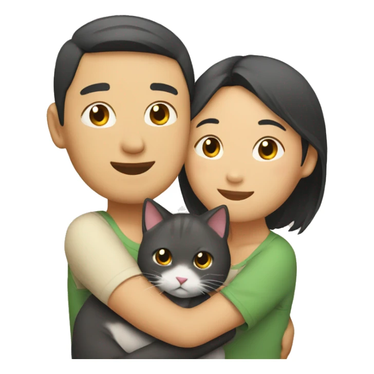 Asian Couple hugging each other with a cat sticker