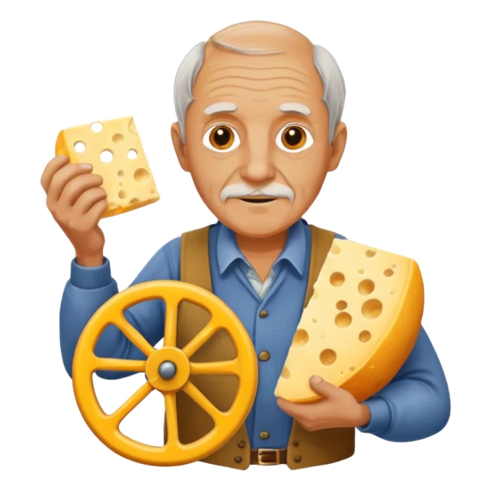 old man holding cheese sticker