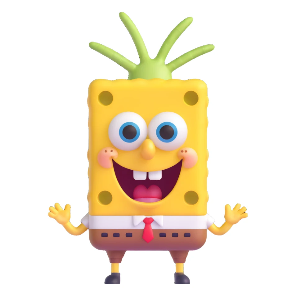 Spongebob Squarepants with rounded features, surprised expression, 3D emoji style sticker