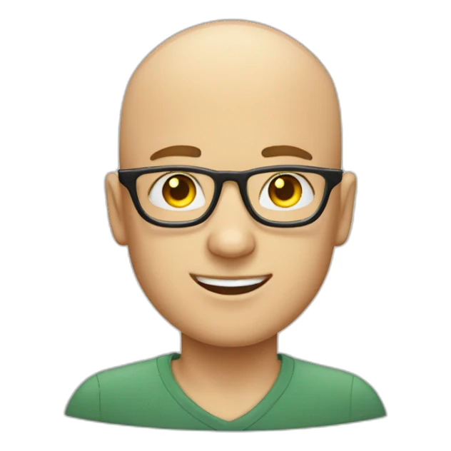 bald young guy with white framed glasses and a left earing with a lightning bolt desing sticker