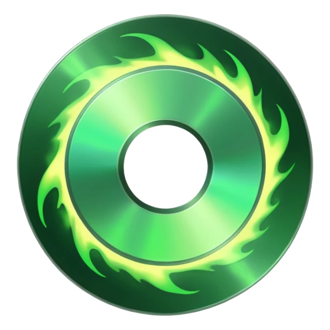 A minimalist CD disc with subtle green flames, glowing effect sticker