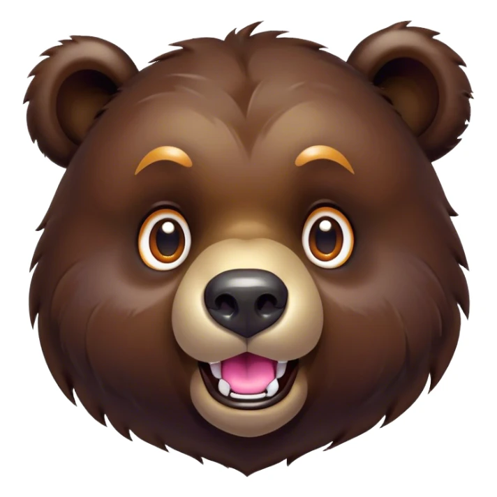 Cinematic Comical Bear Portrait Emoji, Head tilted dramatically with an exaggeratedly amused expression, featuring a striking, glossy dark brown fur with bold fur texture, wide, expressive eyes filled with playful disbelief, Simplified yet hilariously expressive features, highly detailed, glowing with a slightly sassy glow, high shine, dramatic yet playful, stylized with an air of cheeky wilderness mischief, bright and endearing, soft glowing outline, capturing the essence of a spirited and over-the-top bear, so meme-worthy it feels like it could roar its way into internet fame instantly! sticker