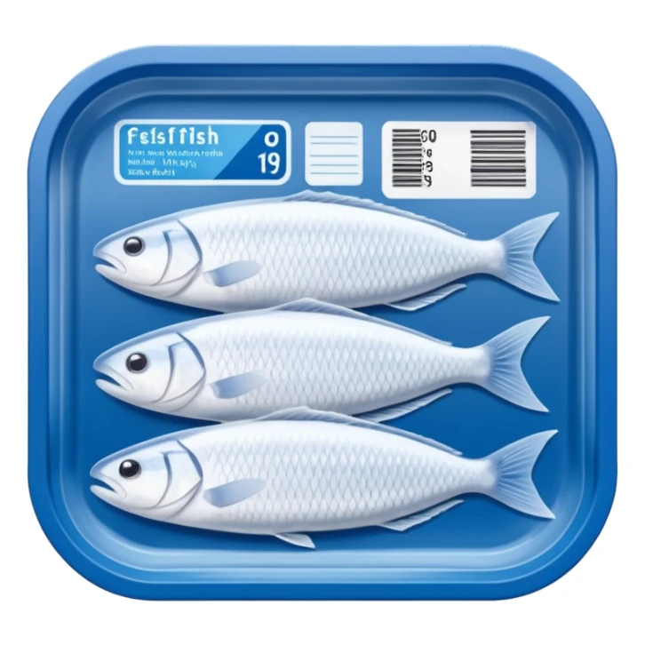 A clear vacuum-sealed plastic tray containing neatly arranged white fish fillets, covered with a thin layer of frost. The package has a blue and white label with product details and barcode. Set in a supermarket freezer shelf among other seafood packs, realistic lighting and texture. sticker