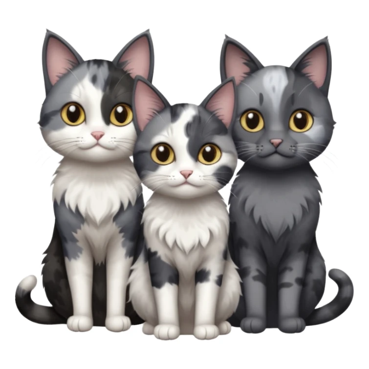 3 different coloured small cats including a dark grey and white, and a patchy calico and a completely solid dark grey with only white paws sticker