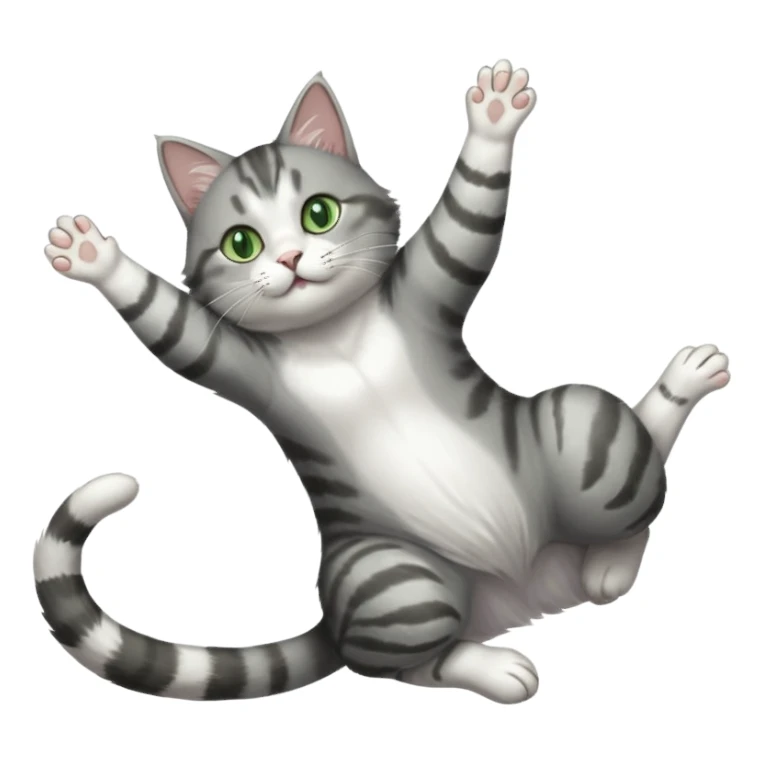 grey and white cat with green eyes doing a big extremely long stretch reaching up into the air with arms and legs side by side together straight and overextended whilst lying on its side sticker