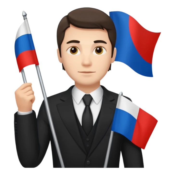 Russian man in a suit with a flag sticker