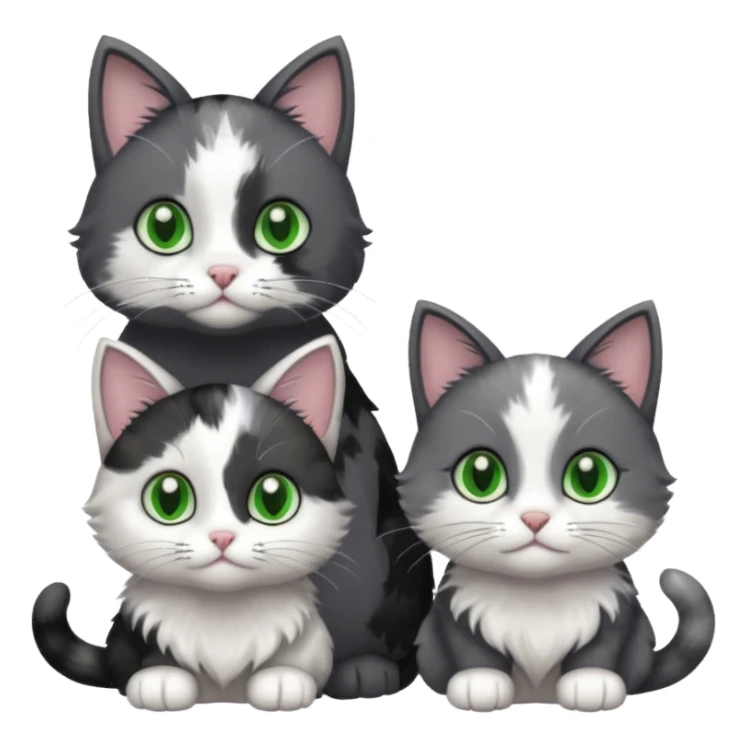 3 different coloured small cats including a dark grey and white, and a patchy calico and a completely solid dark grey with green eyes and only white paws\ sticker