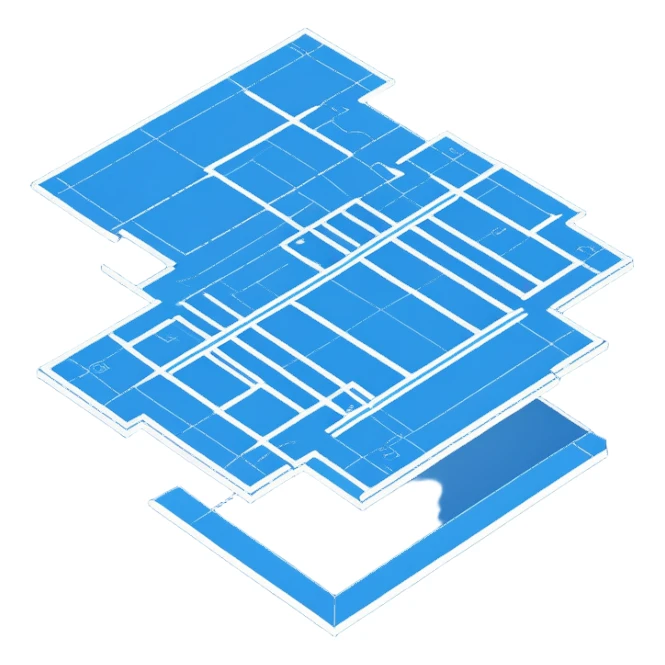 blue blueprint plan with white lines, isometric angle showing both side and top sticker