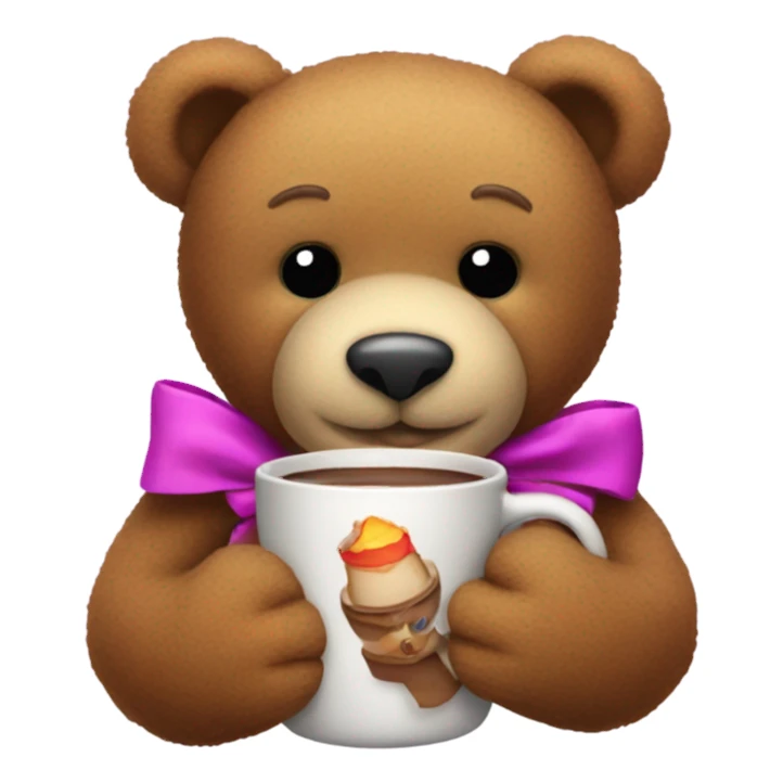 teddy bear with hot chocolate and a bow sticker