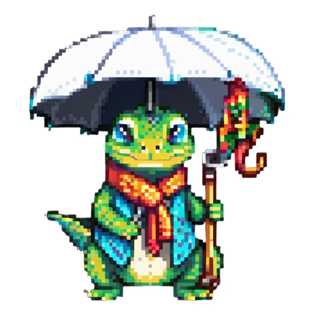 lizard wearing shoes and a scarf, holding an umbrella, grumpy expression sticker