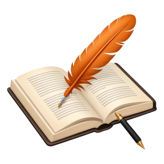 Minimalistic flat vector icon, iOS style, thin black contour on white background. Open book with a feather pen. Clean, no text, no shadows. sticker