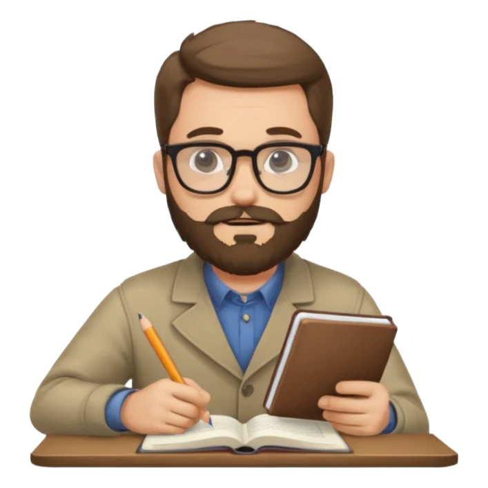 bearded man with glasses studying sticker
