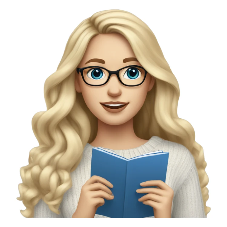 Blonde balayage long hair white women sweater blue eyes and small glasses holding note pad sticker