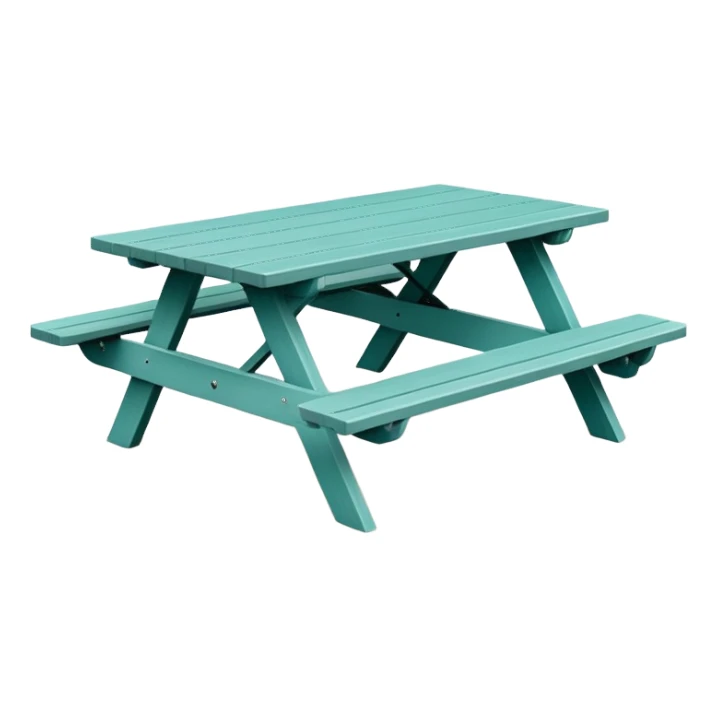simple rectangular picnic table with attached benches, soft teal color, straight vertical legs, small wheels underneath, flat wood-style silhouette, muted teal tone, clean geometry, minimal shading, slightly theatrical sticker