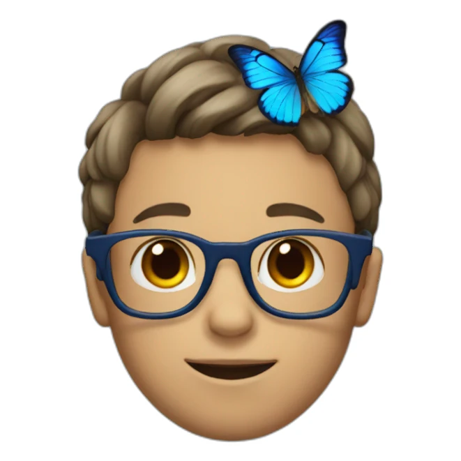 boy with glasses blue butterfly on his head sticker