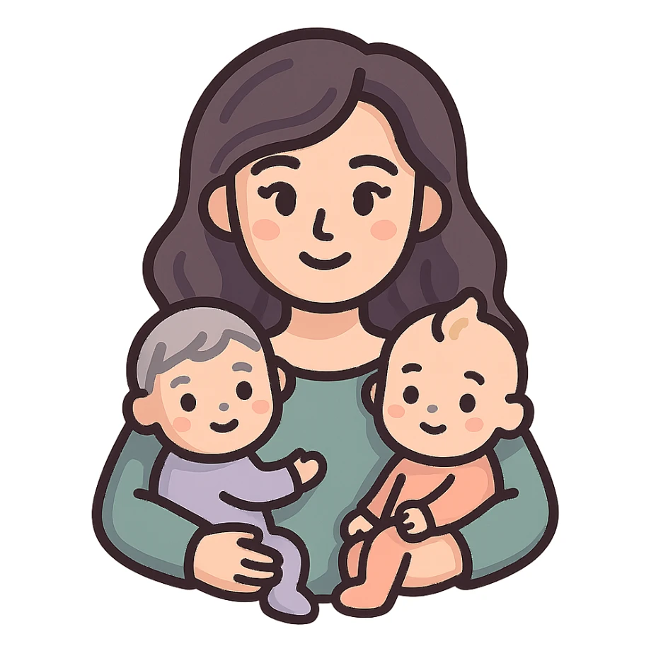 Мама с длинными волнистыми волосами, выразительные глаза, милые черты лица, держит на руках двух малышей в боди, современный восточный стиль, тонкие чистые контуры, мягкие округлые формы, пастельная палитра #98B5BC, #B5B3C1, #C9A3C9, #E4C0CA, #F7DCD1, #F7C0AA, детализированные тени и блики, мягкое освещение, прозрачный фон, милый стиль sticker