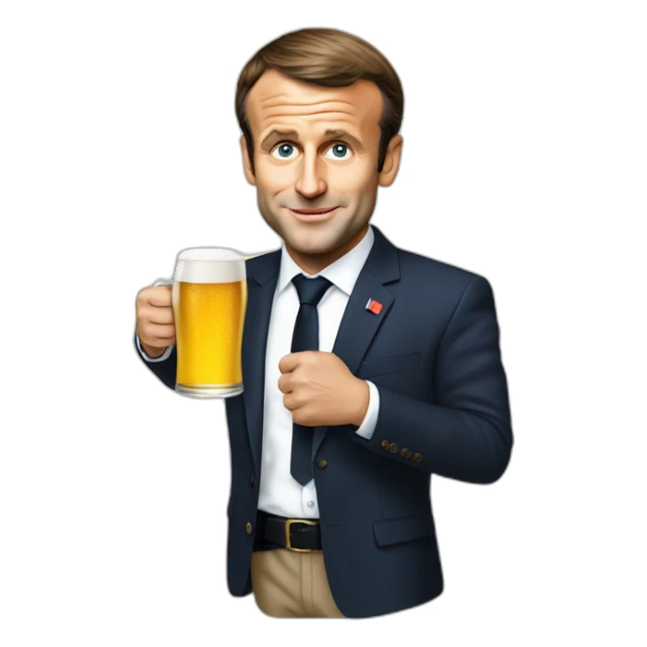 Emmanuel Macron holding a beer sticker