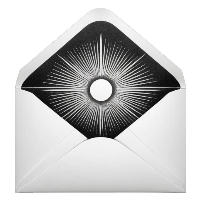 Open envelope + blank card, copperplate etching, microscopic dotwork ONLY, pure black/white, ultra-contrast, rays, tiny #fbcfe8 glow --ar 16:9 --style raw --s 10 --no 3d, gradient, smooth, gray, shadow, text sticker