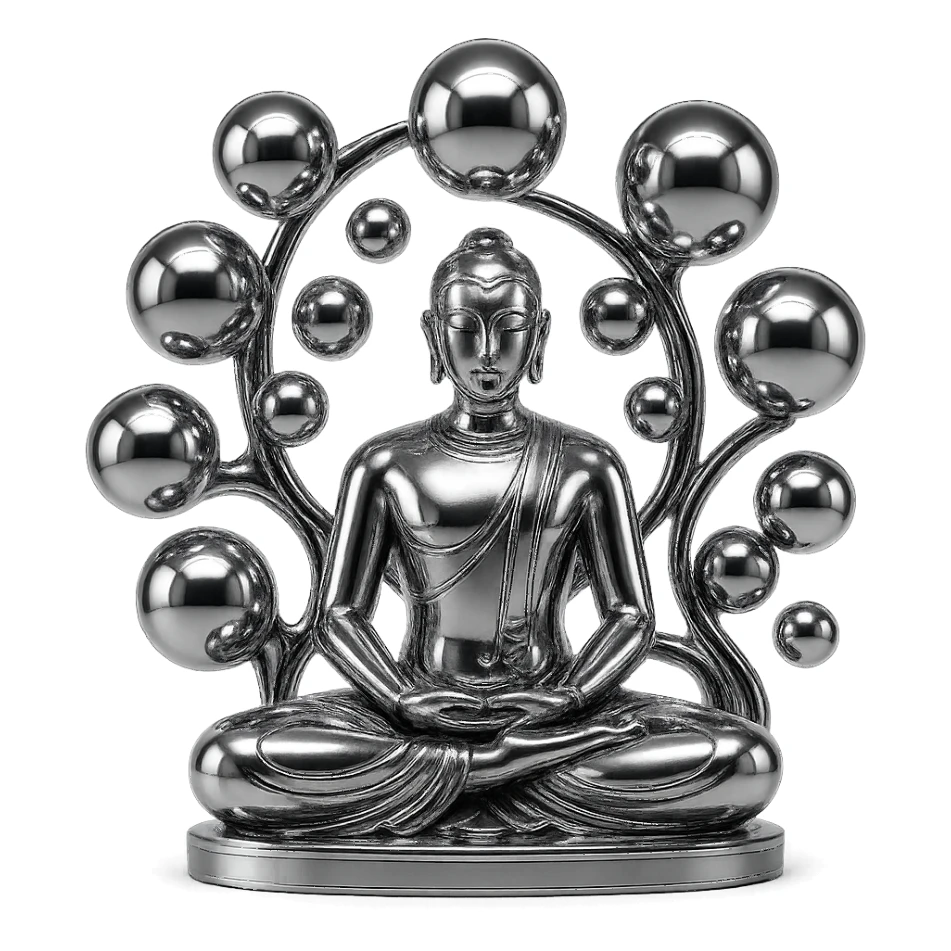 abstract chrome composition with a meditating figure and multiple radiant spheres of varying sizes, polished and harmonious sticker