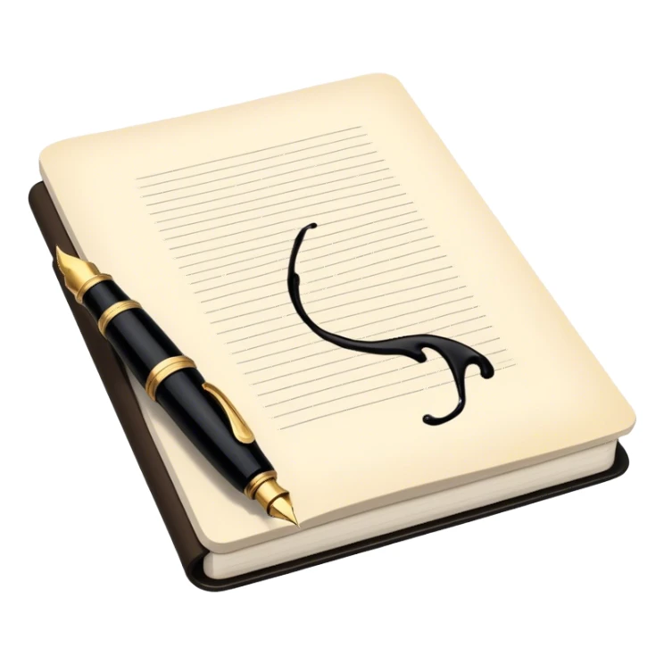 Create a vibrant emoji representing prose writing. The design should feature a classic fountain pen or quill in black, with black ink flowing from it onto an open notebook or paper. The ink should have a smooth, flowing effect to evoke creativity and storytelling. Use warm, earthy tones like brown, gold, and cream for the background elements. The emoji should convey literary elegance and artistic expression. Make the background transparent. sticker